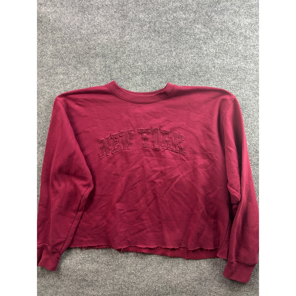 New York Popular Sweatshirt Womens XL Maroon Embroidered Raw Hem Pullover